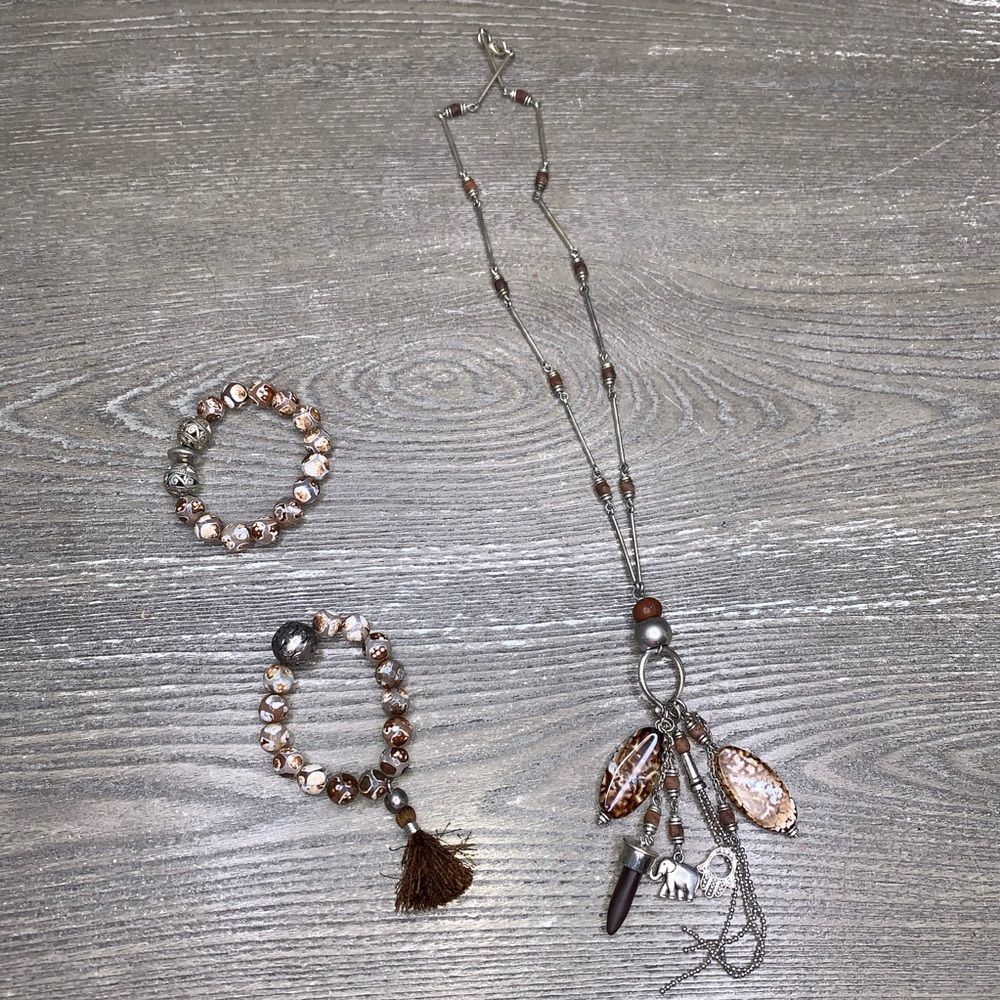 Brown and silver necklace and bracelet
